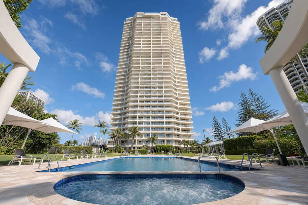 Contessa building viewed from the pool deck and gardens