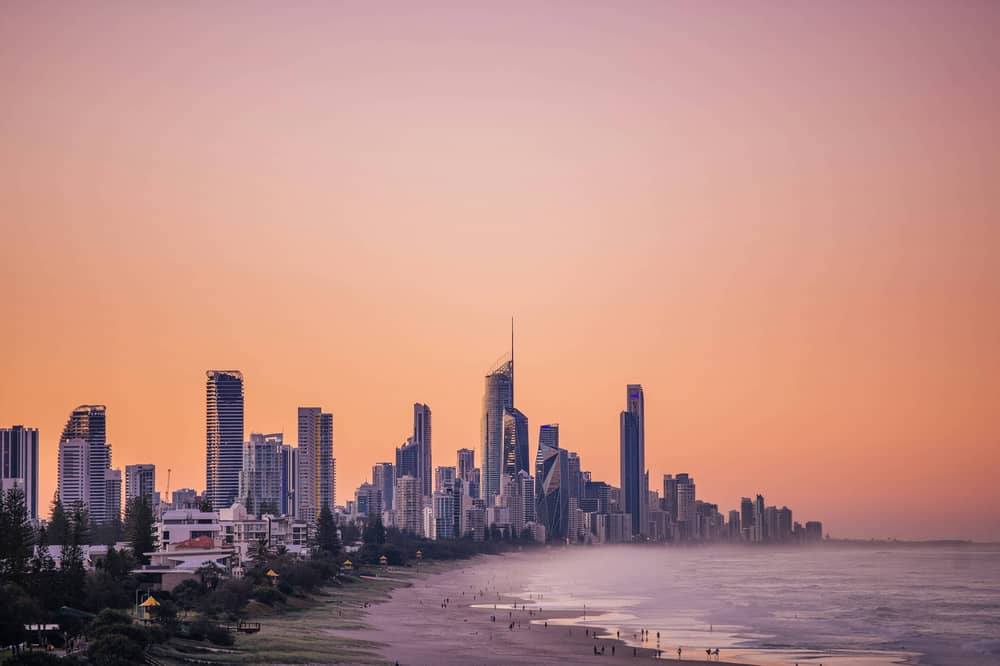 Surfers Paradise skyline at sunset, seen from the coast