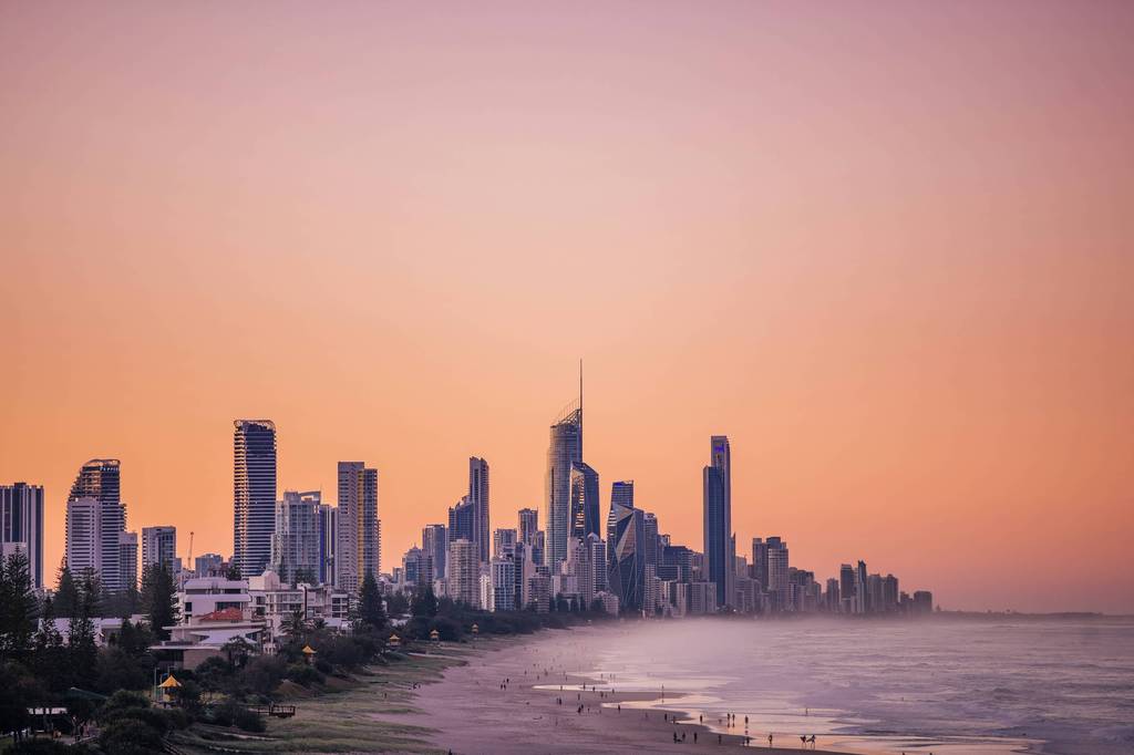 Surfers Paradise skyline at sunset, seen from the coast