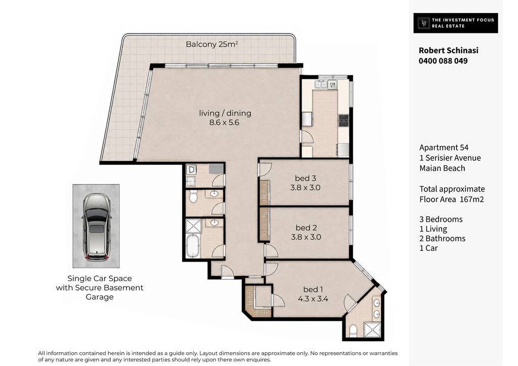 Apartment floorplan showing three bedrooms, two bathrooms, kitchen, balcony and living area